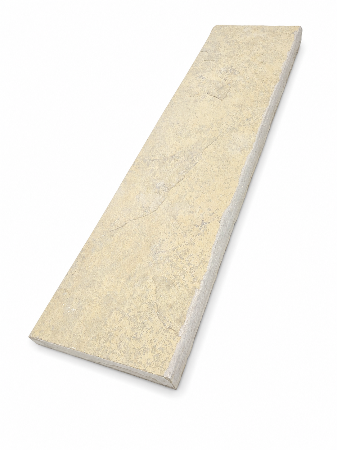 A rectangular stone tile with a textured light beige top and a grey-beige side edge, shown at an angle on a white background.