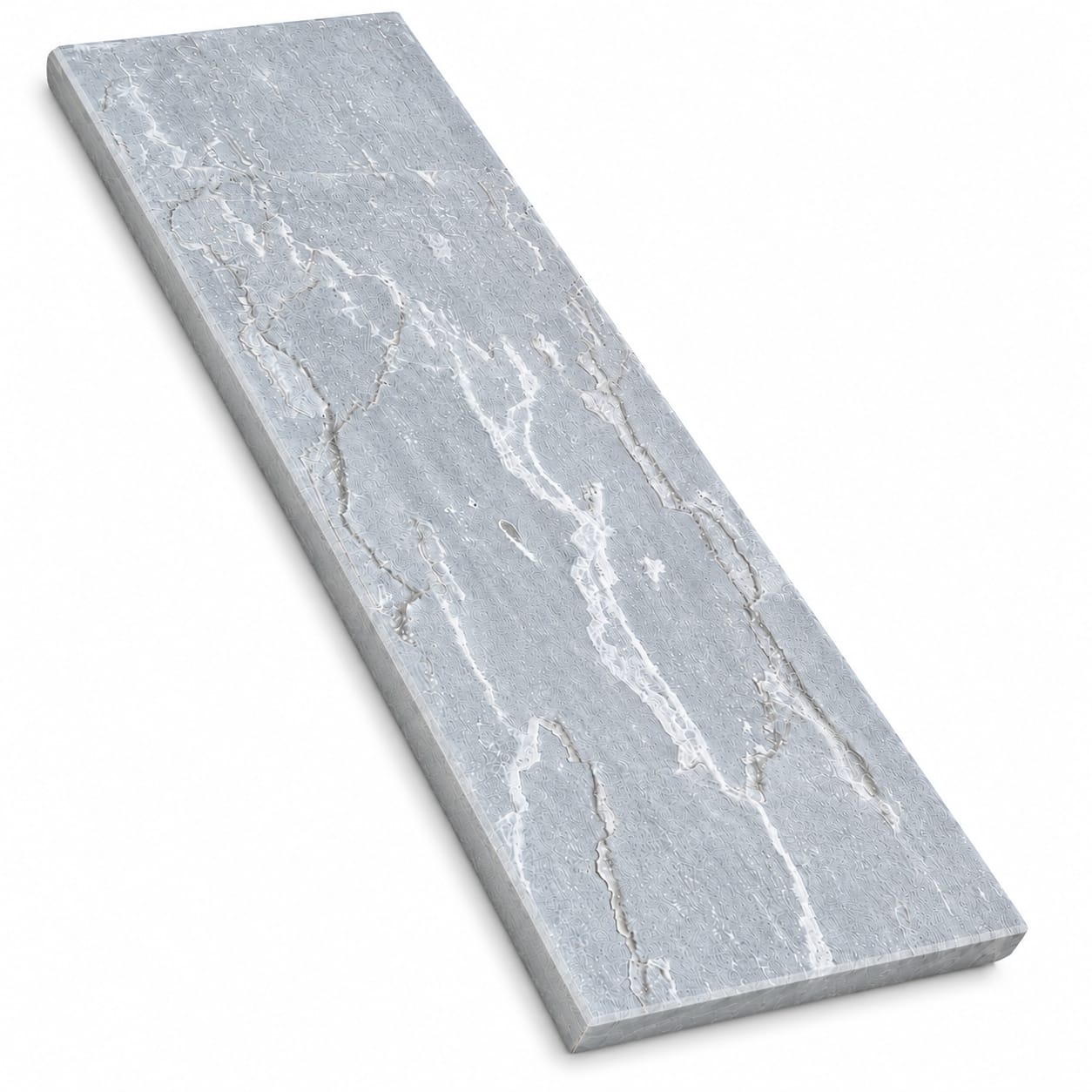 A rectangular light grey stone tile with natural white and silver veining, shown at an angle on a plain white background.