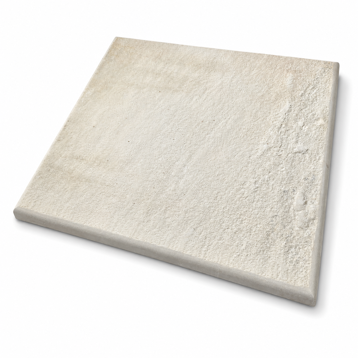 A square stone tile with a textured, matt finish in a light beige or off-white colour, shown at an angle on a white background.