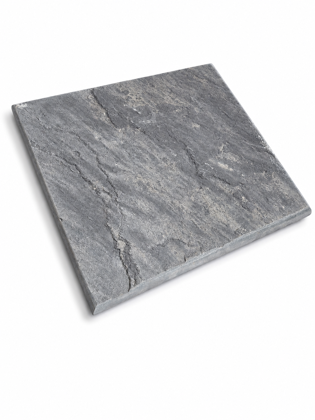 A square grey stone tile with natural veining, shown at an angle on a white background.
