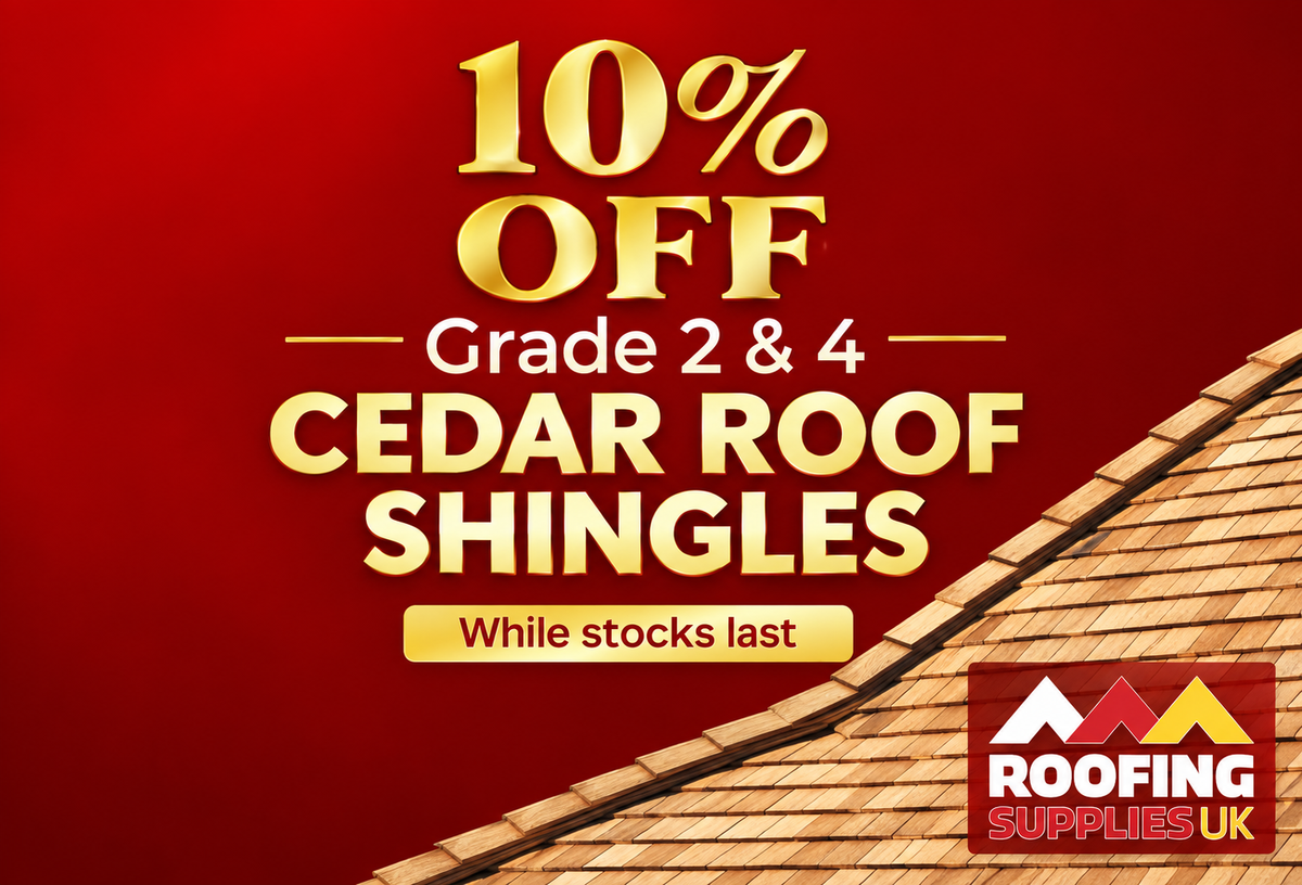 Promotional graphic for Roofing Supplies UK advertising a 10% off discount on Grade 2 & 4 Cedar Roof Shingles. The design features a deep red background with bold gold text and a diagonal close-up of a brown cedar shingle roof in the bottom right corner.