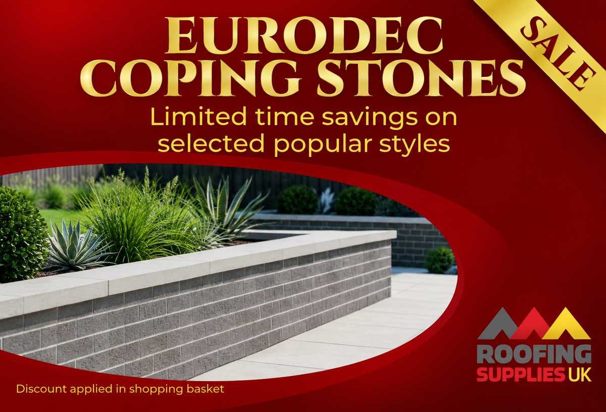 Promotional graphic for Eurodec Coping Stones by Roofing Supplies UK, featuring a curved red banner with a photo of a gray stone retaining wall and plants, gold text reading 'EURODEC COPING STONES' and 'Limited time savings on selected popular styles', a gold 'SALE' ribbon, and a discount note.