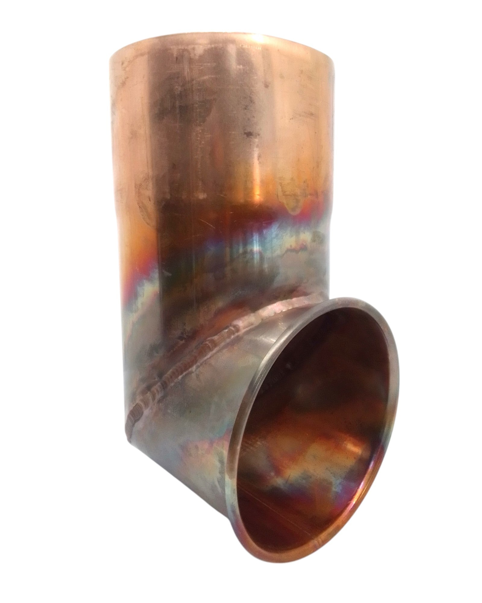 Metal Gutta copper 80mm downpipe shoe directing rainwater from a downpipe to the ground or drain.