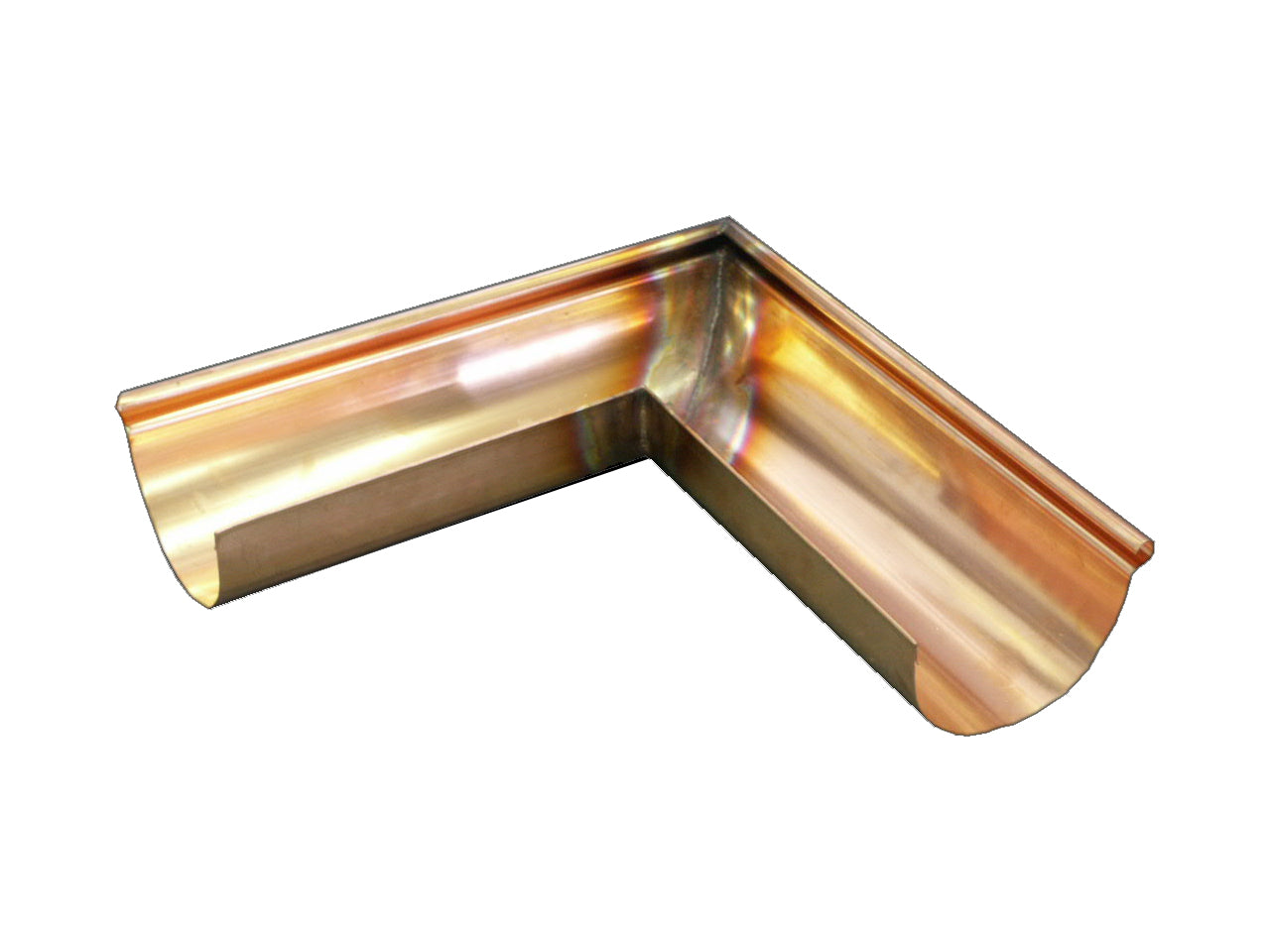 Metal Gutta copper 125mm half round 90º external corner gutter for guiding rainwater around external corners.