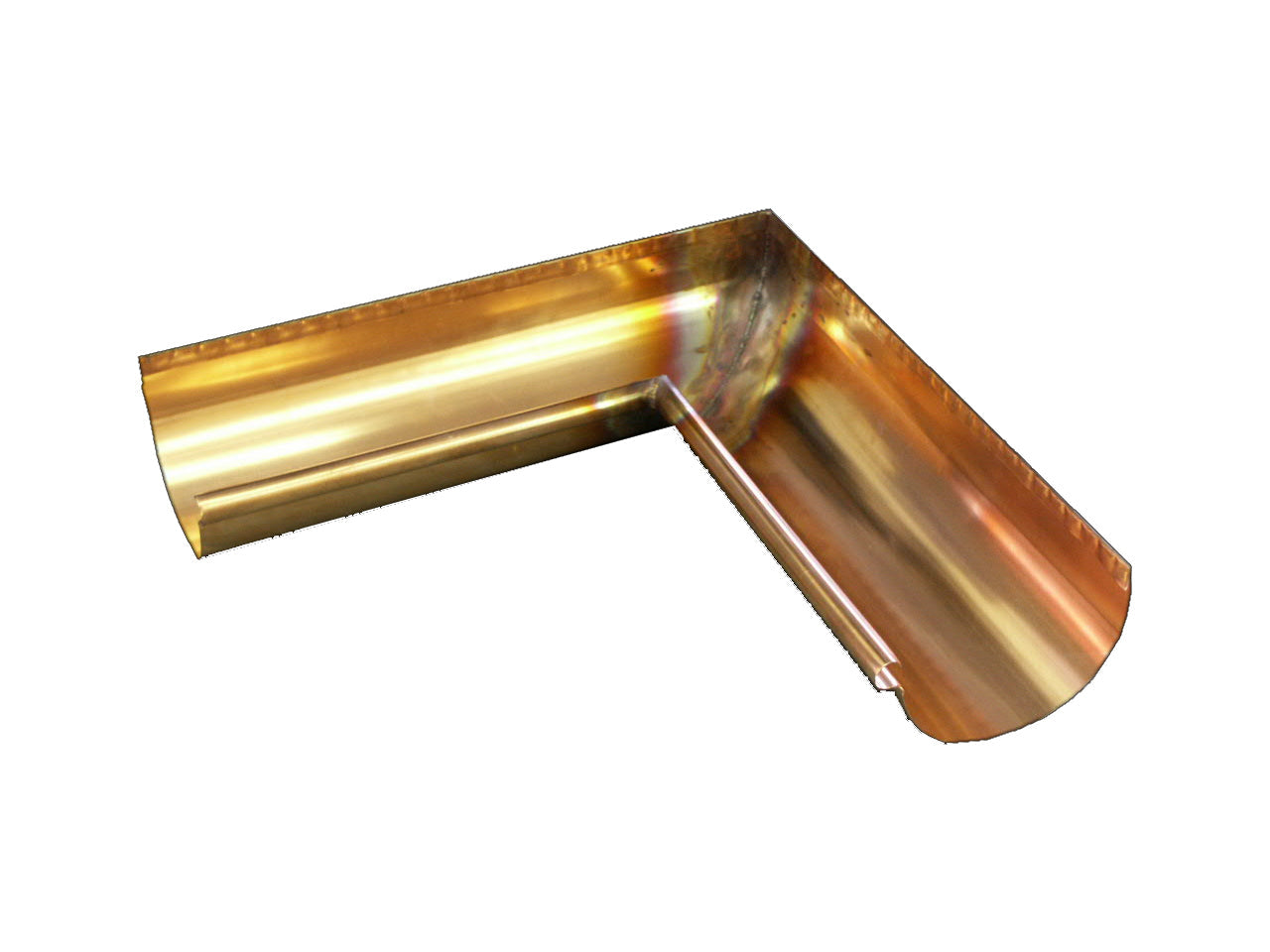 Metal Gutta copper half round 90º internal corner gutter for guiding rainwater around internal corners.