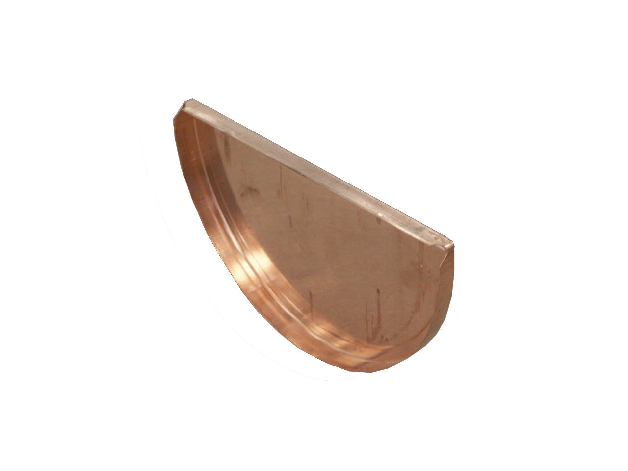 Metal Gutta copper half round gutter stop end sealing the end of a copper gutter run.