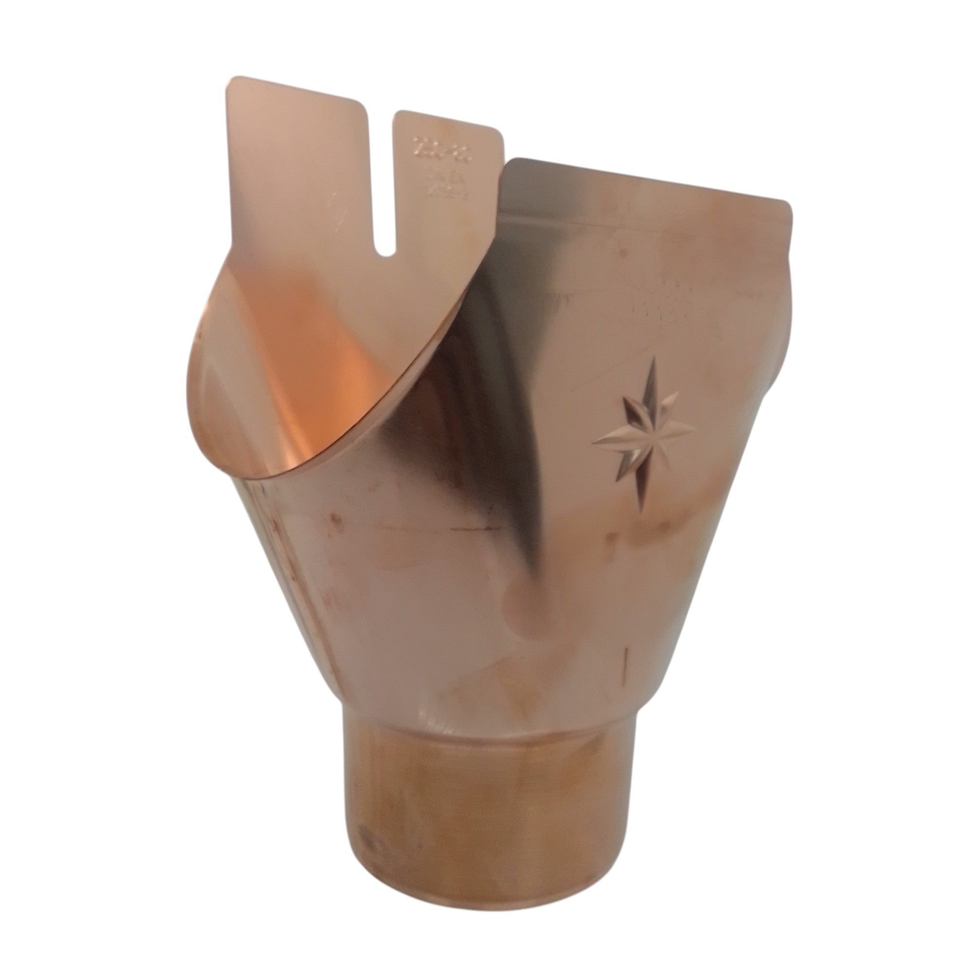 Metal Gutta copper 125mm half round Swiss gutter outlet with 80mm downpipe connection.