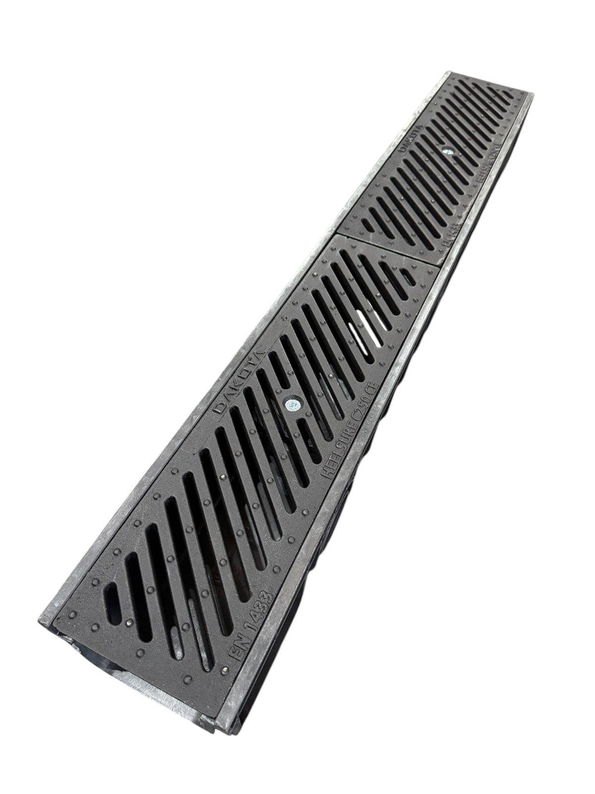 Black metal drain cover on a white background