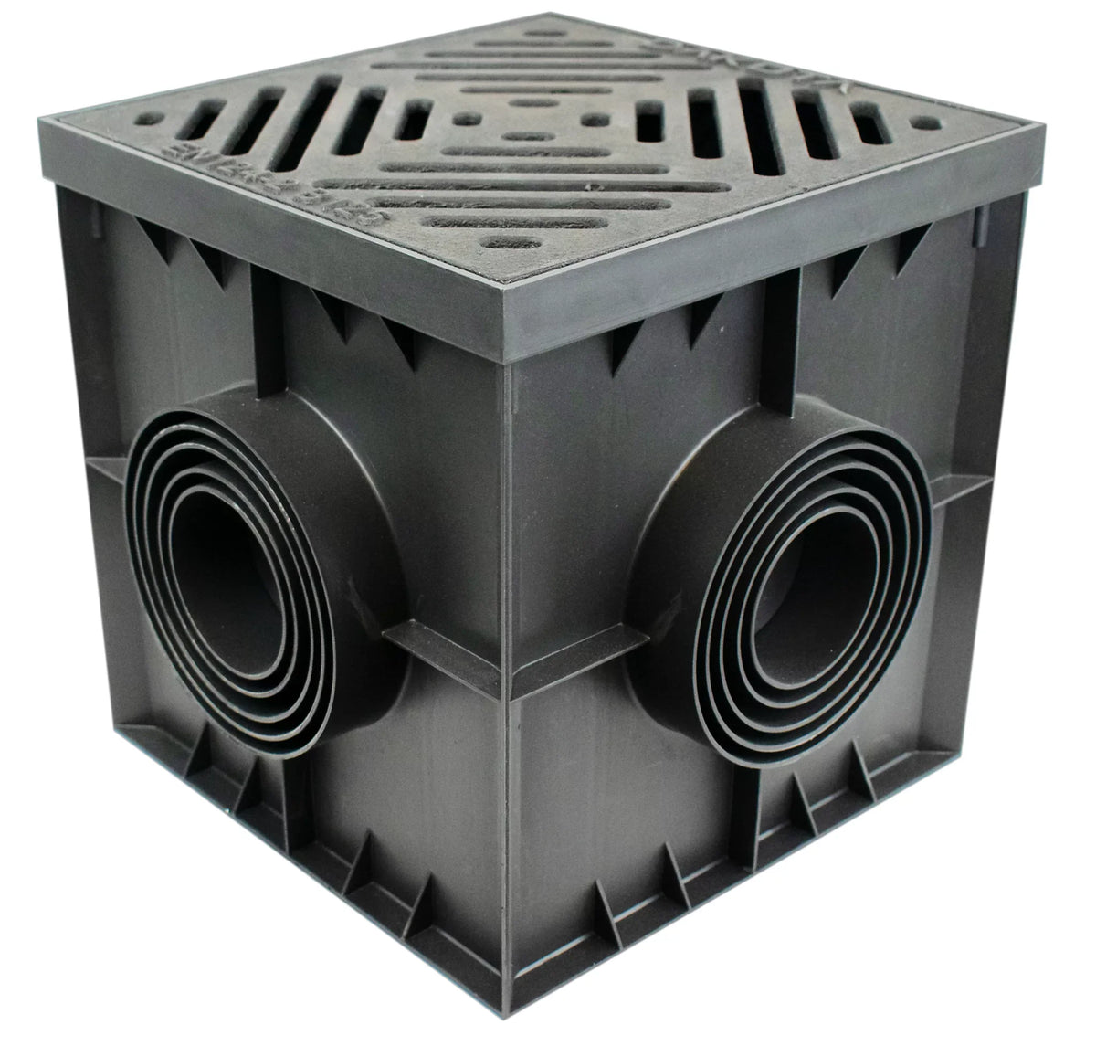 Grey plastic drainage system component with a grid top on a white background