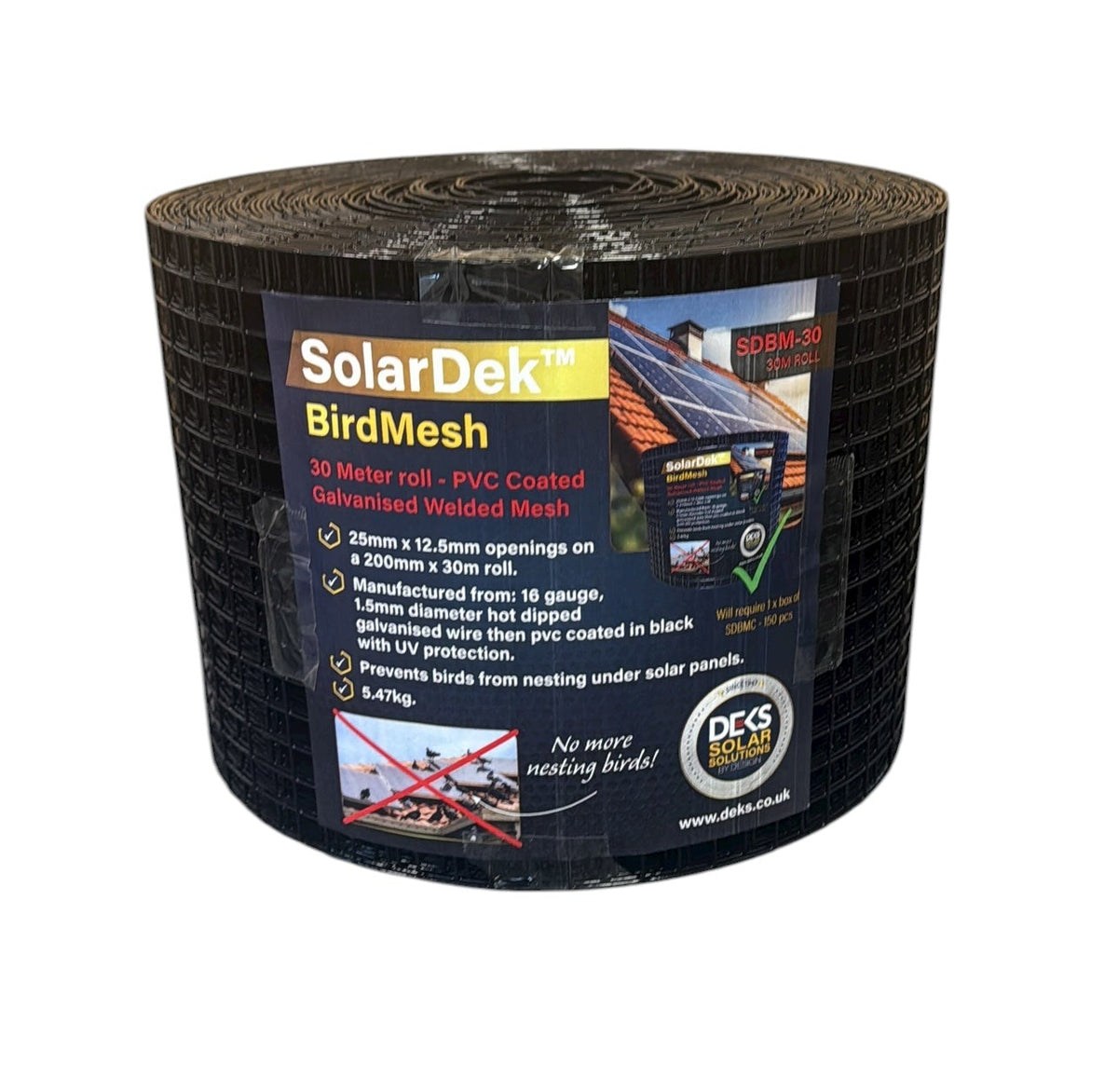Roll of SolarDek BirdMesh with packaging on a white background