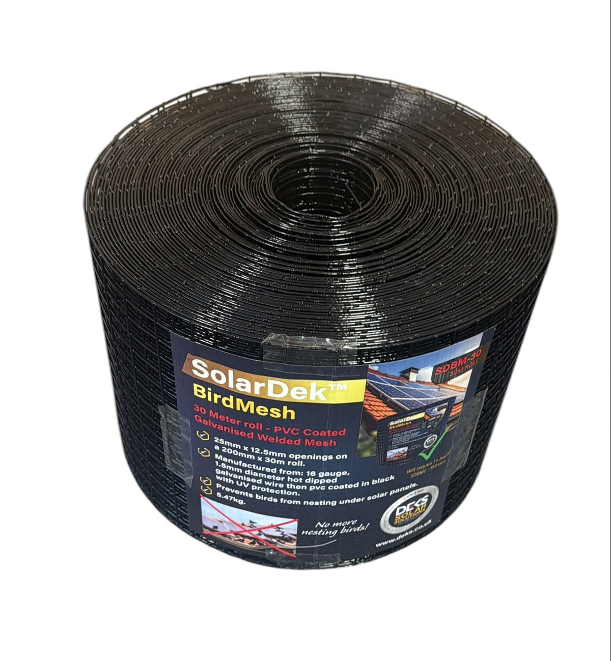 Roll of SolarDek BirdMesh with a label on a white background