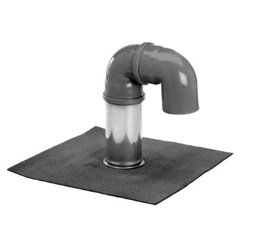 Grey metal pipe fitting on a black square base against a white background