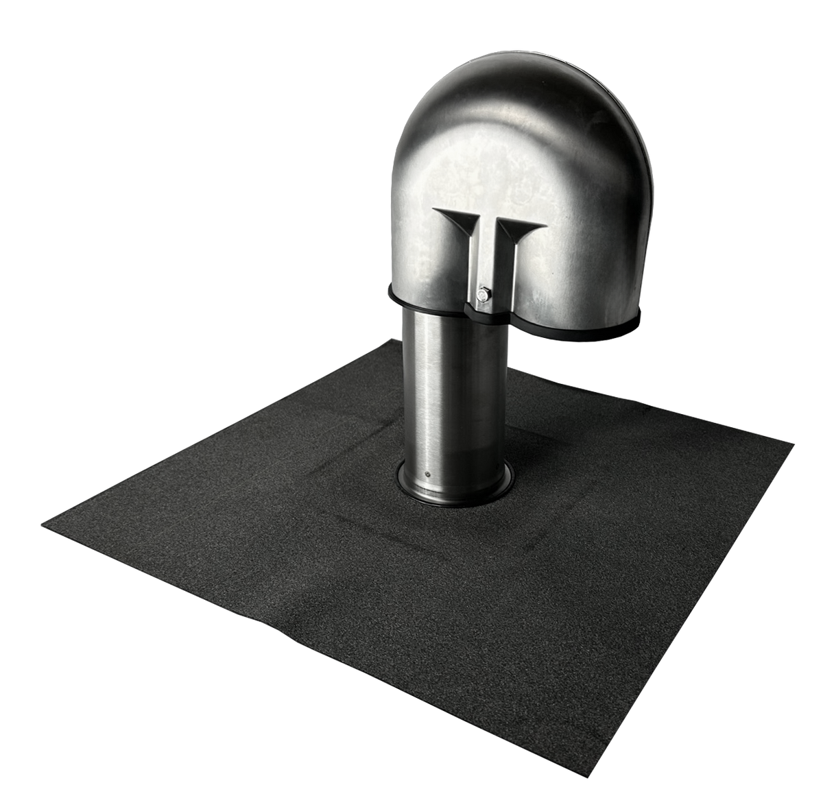 Metal roof vent on a black mat with a white background