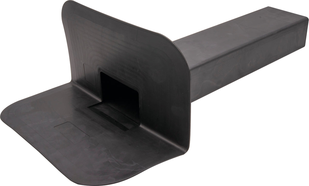 A black EPDM smooth flange corner fitting for a horizontal parapet drain, displayed on a white background.