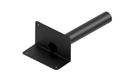 A black EPDM corner fitting with a smooth flange and horizontal parapet drain round.