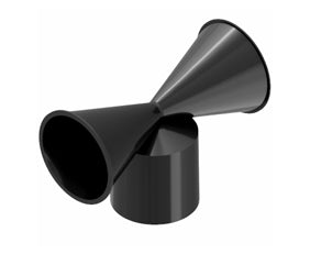 A black, trumpet-like DEKS Estraer Cap designed for enhancing roof vent performance.