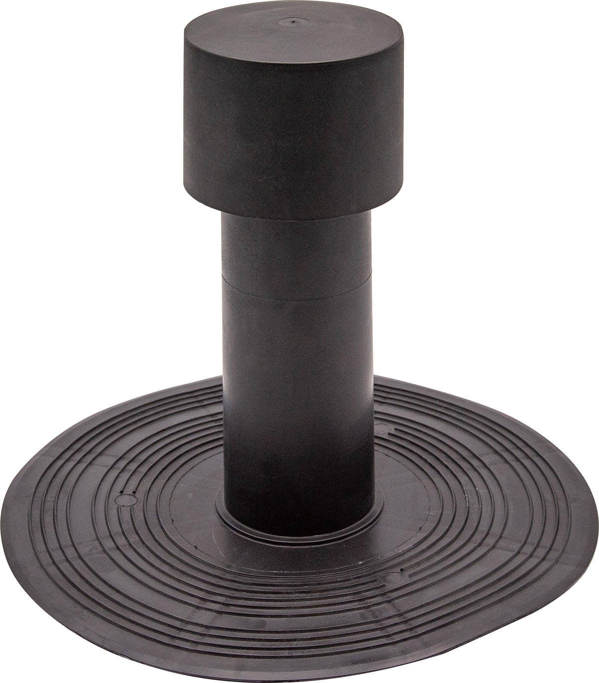 A black ribbed flange roof vent with a cup, designed for aerating water vapour in roofing systems.