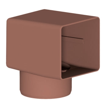 A brown DEKS Parapet Drain Elbow, 100mm x 100mm in size, designed for channelling rainwater effectively from corner fittings into downpipes.