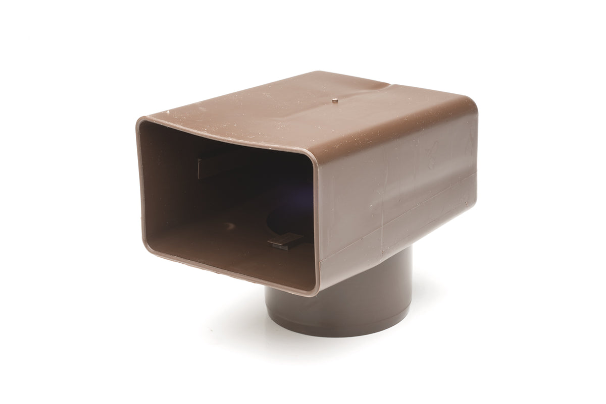 A brown DEKS Parapet Drain Elbow, 65mm x 100mm, designed for channelling rainwater effectively from corner fittings into downpipes.