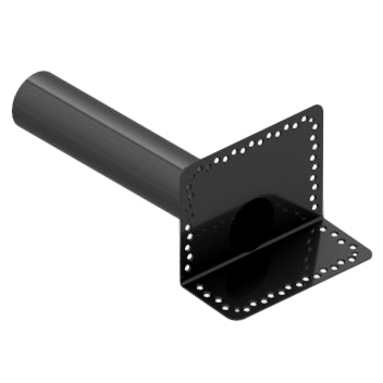 A black TPE corner fitting perforated flange designed for horizontal parapet drain round, with a rough flange and strategically placed holes.