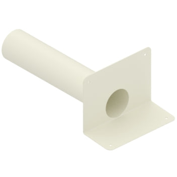 A white, smooth flange TPO corner fitting designed for horizontal parapet drain with round edges.