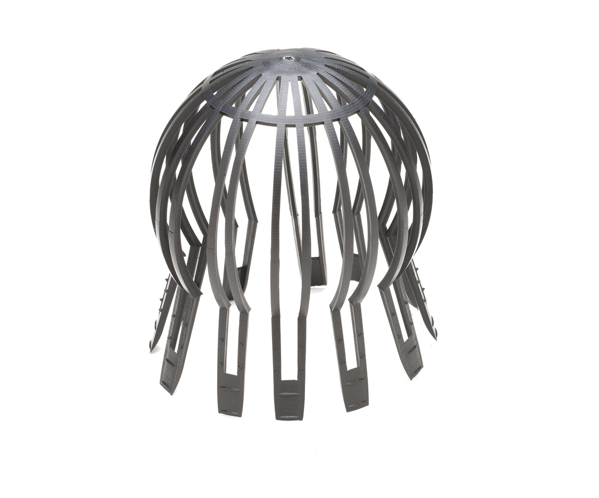 A silver-colored DEKS Universal Leaf Excluder designed to fit over a rainwater drainpipe to prevent leaves and debris from entering.