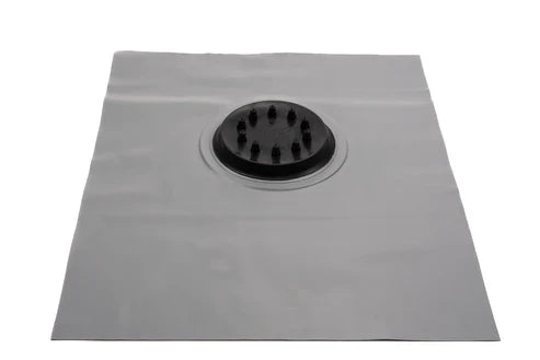 Square metal drain cover with central circular drain on a white background