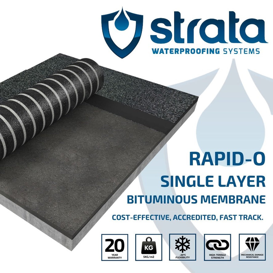 StrataBit Rapid-O single layer torch-on membrane promotional image with branding and product information