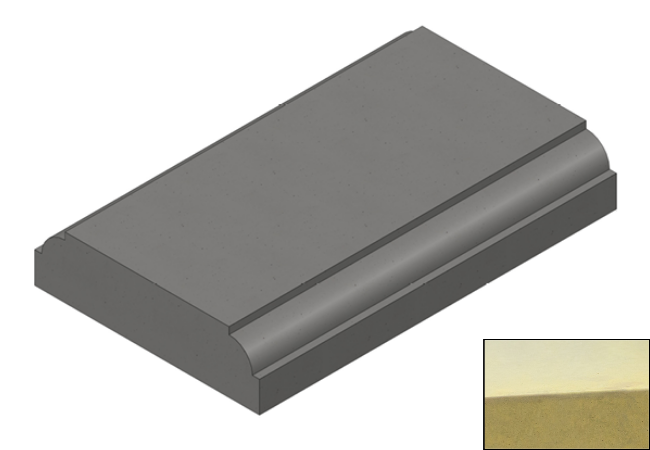 Computer generated Willowcrete flat top coping stone with eased radius edges in buff finish with colour swatch