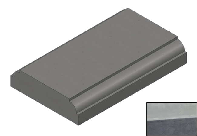 CGI Willowcrete 600mm flat top coping stone with radius edges displayed in charcoal with colour swatch