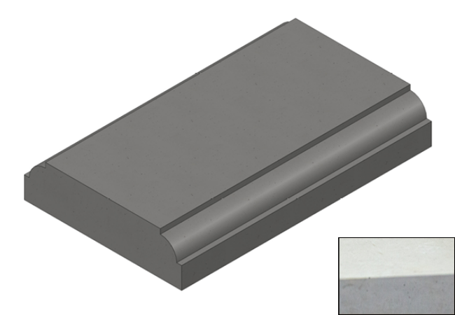 Computer generated image of Willowcrete 600mm flat top coping stone with radius edges shown in grey with matching colour swatch