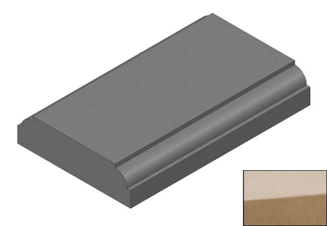 CGI of Willowcrete 600mm flat top concrete coping stone complete with radius edges in manila with colour swatch