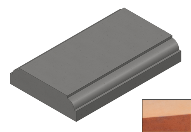 Computer rendered Willowcrete flat top coping stone with softened top arris in brick red with colour swatch