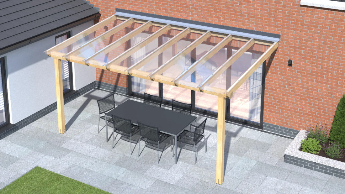 Outdoor patio with wooden pergola covered with Marlon R Glaze, and a table and chairs in front of a brick building.