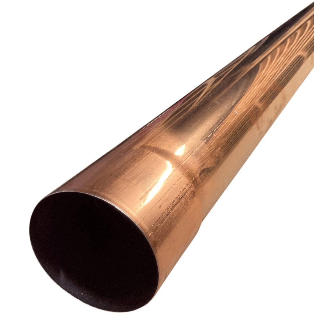A close-up of a copper water pipe or drain pipe showing its metallic copper exterior and dark interior, isolated on a white background.