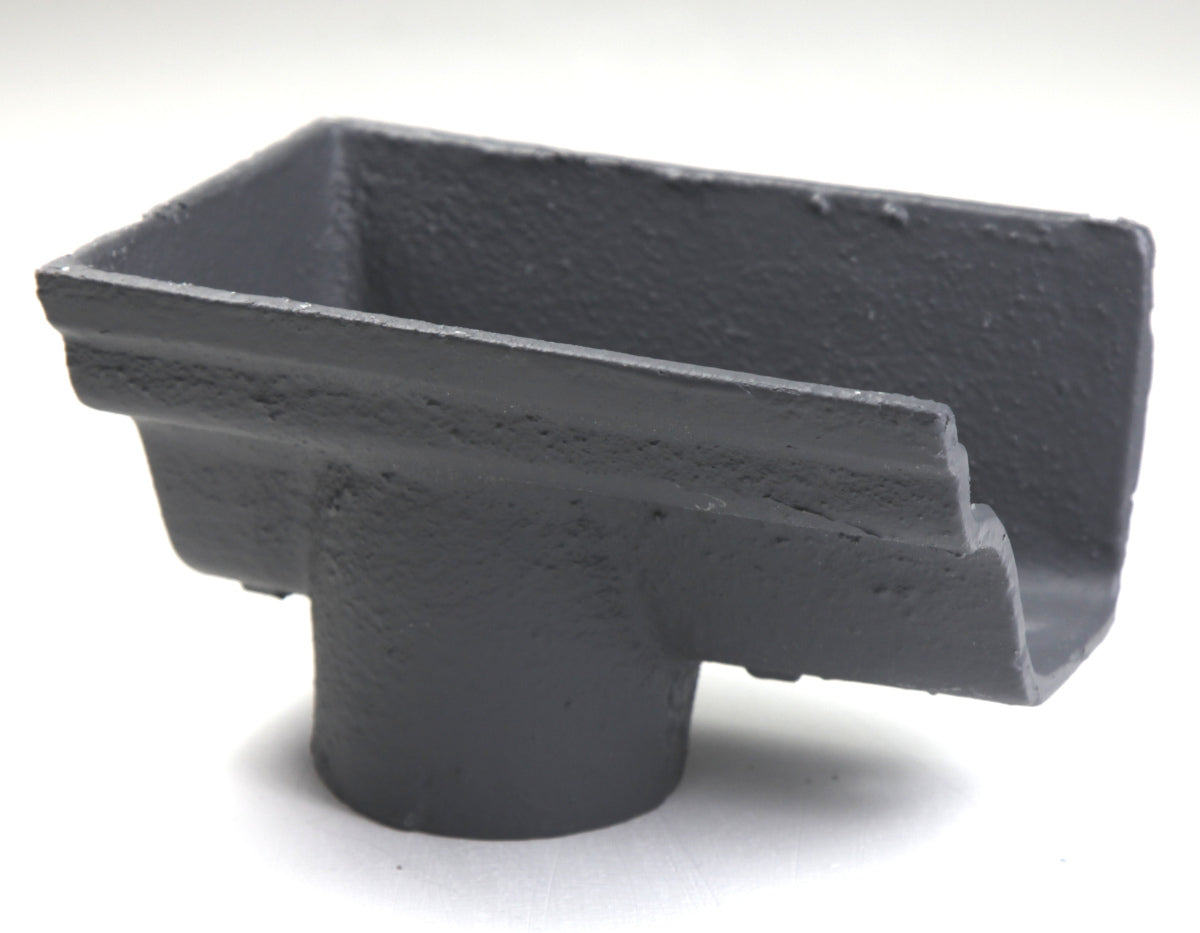 Grey Hargreaves Foundry cast iron guttering dropend on a white background
