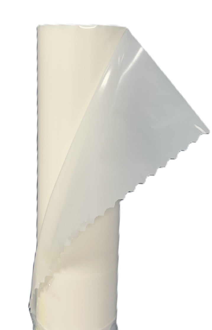 Novia 500 Gauge FR Virgin Polythene roll partially unrolled, showing the milky white translucent material.