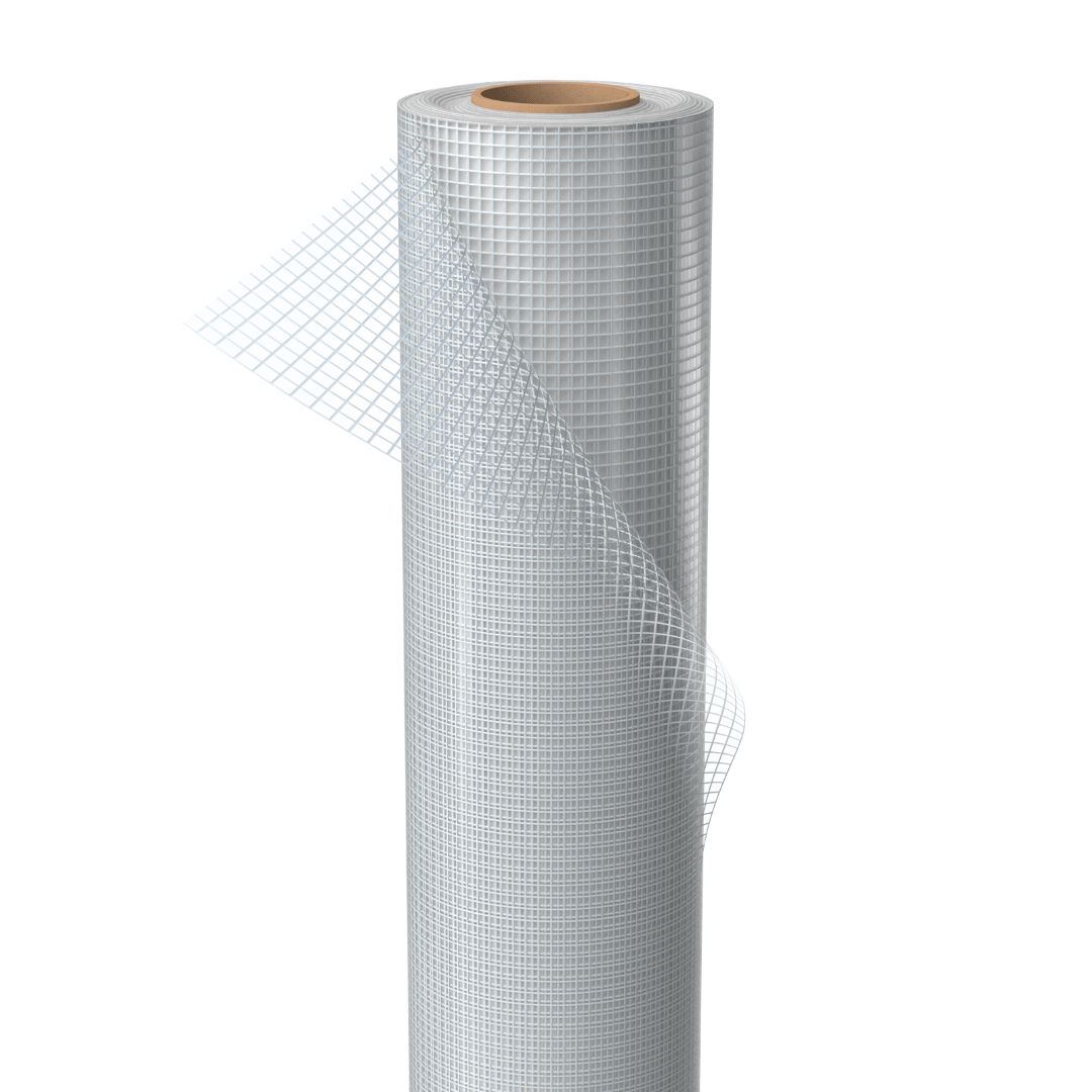 A roll of white mesh with a grid pattern, partially unrolled from its cardboard core, shown against a plain white background.