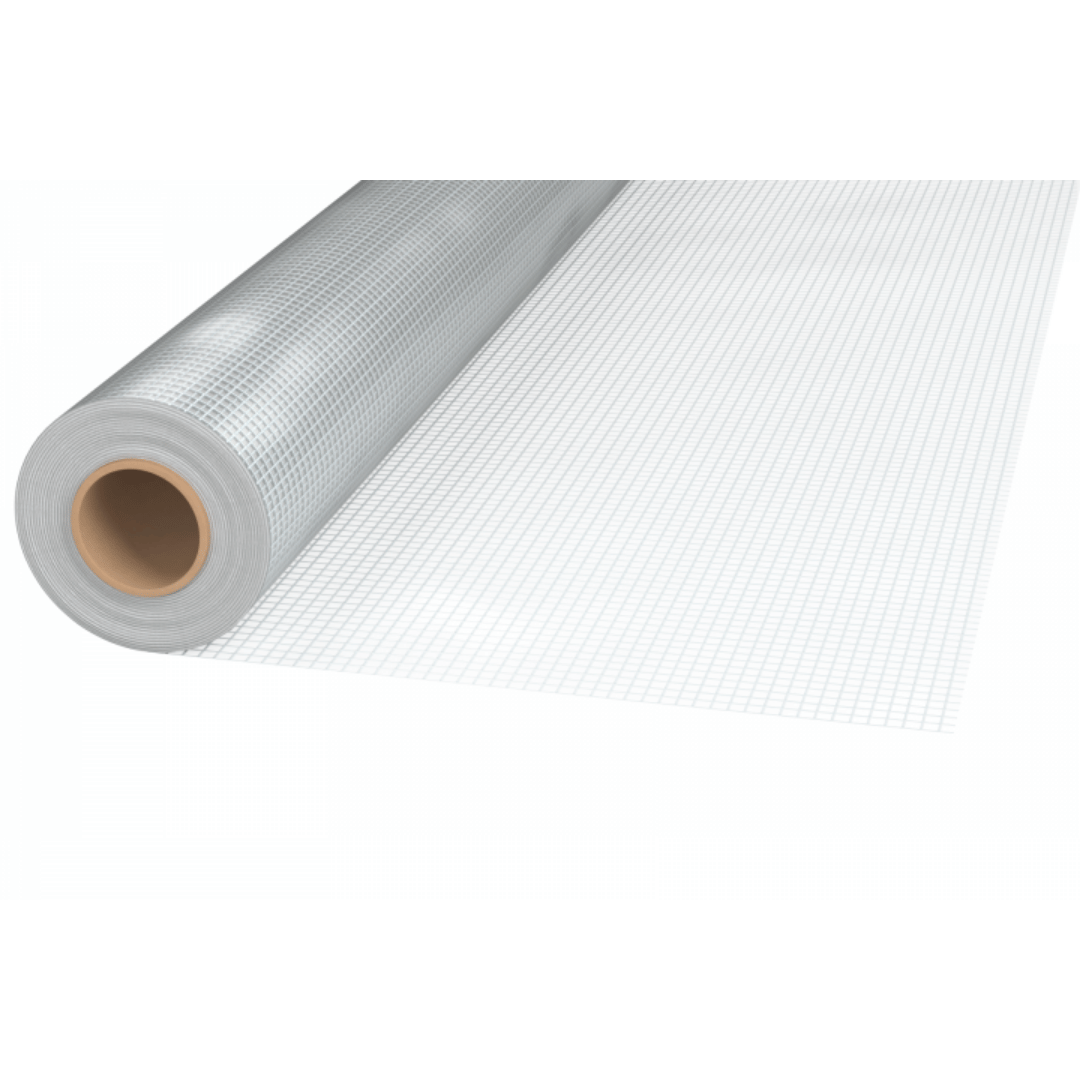 A roll of white mesh fabric partially unrolled, showing its fine grid pattern and a brown cardboard core.