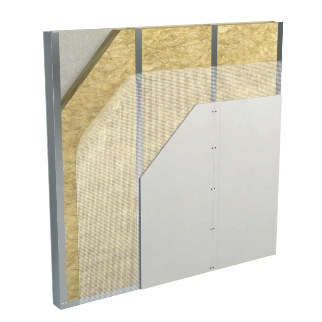 A 3D architectural rendering of a wall insulation panel system, showing the white outer cladding, internal mesh layer, and golden-yellow mineral wool insulation core, isolated on a white background.