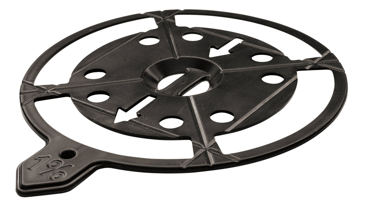 Black plastic component with multiple holes and arrows on a white background
