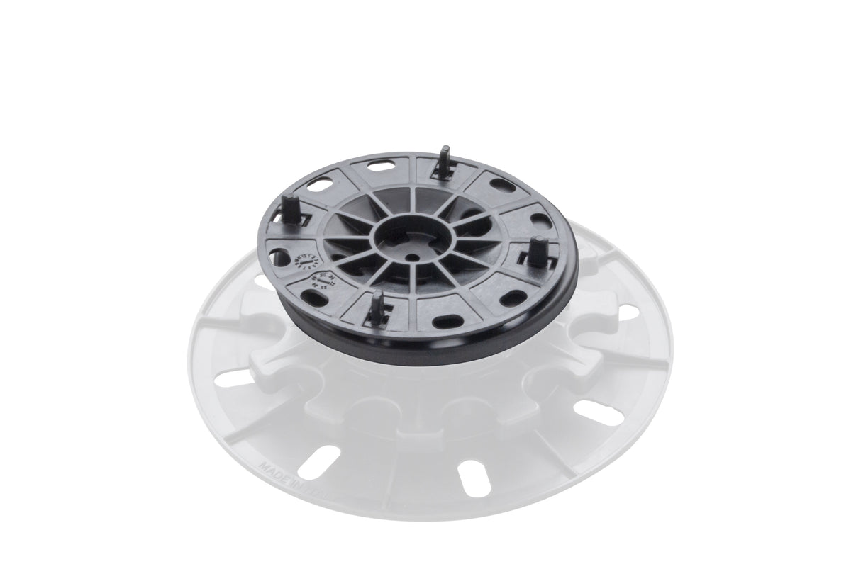 DEKS Arkimede self levelling pedestal head with 2mm and 4mm joints for correcting slopes in raised paving systems