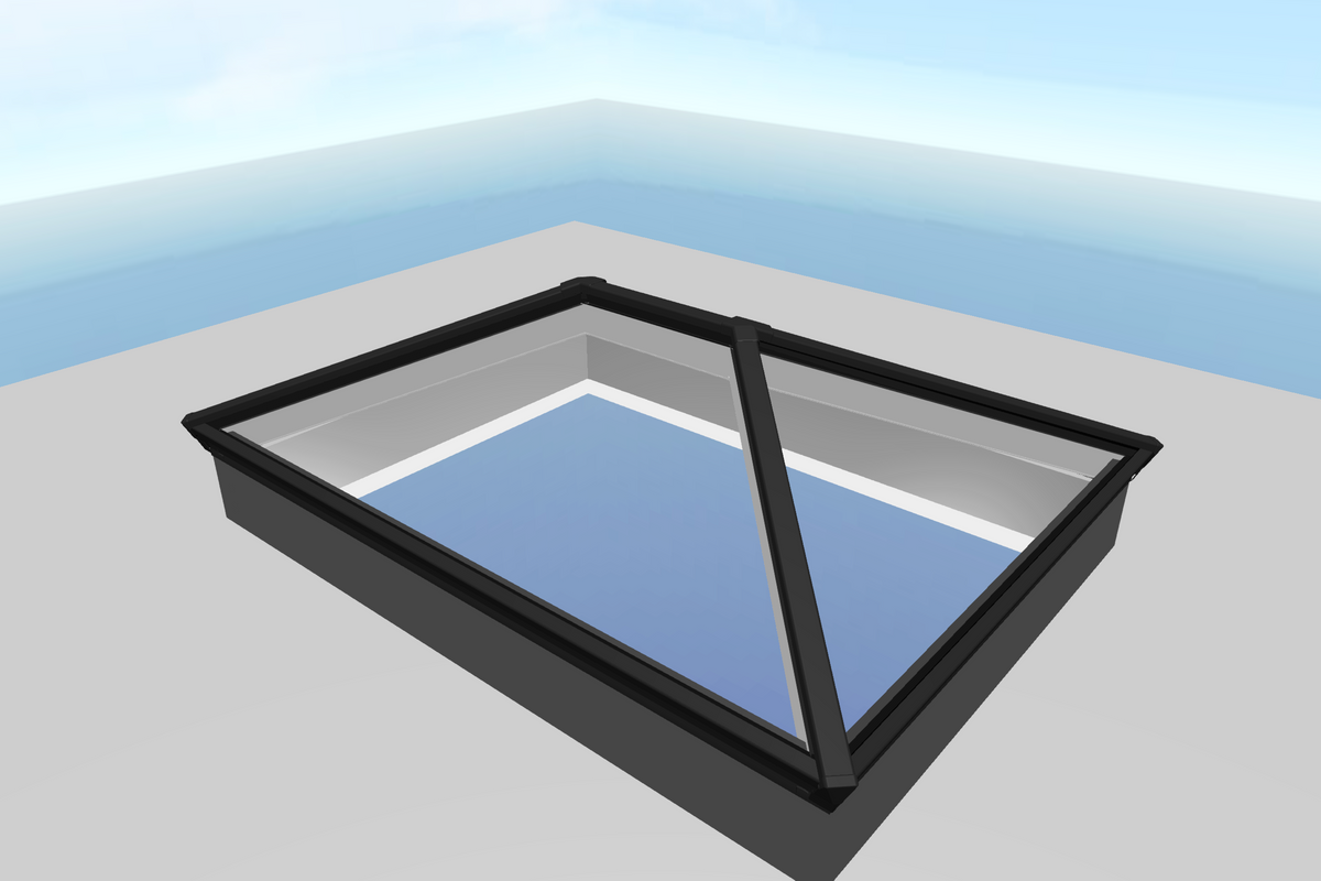 Korniche aluminium roof lantern in black, three-quarter view on a flat roof upstand