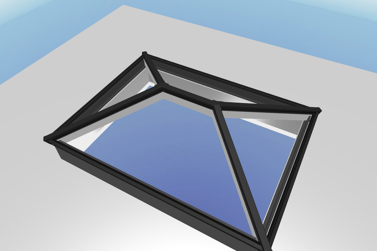 Korniche aluminium roof lantern in black, high-angle view showing ridge and hip bars