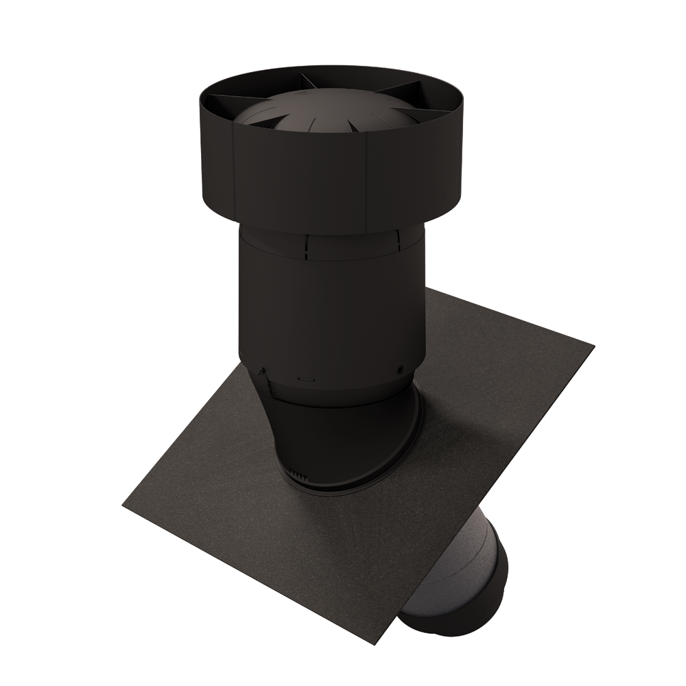 Black metal roof vent with a square flashing plate and circular top cap, shown on a plain white background.