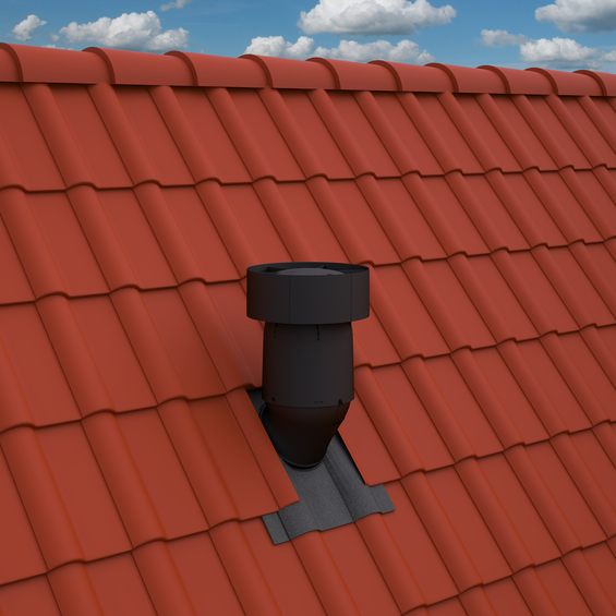 A black metal chimney cap installed on a red-orange tiled roof under a blue sky with white clouds.