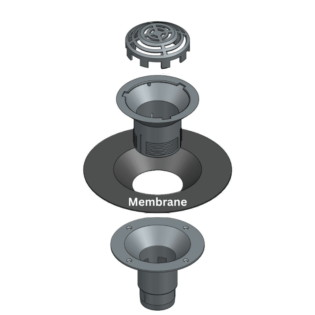 An exploded view diagram of a drain assembly with labelled parts, including a membrane, on a plain white background.