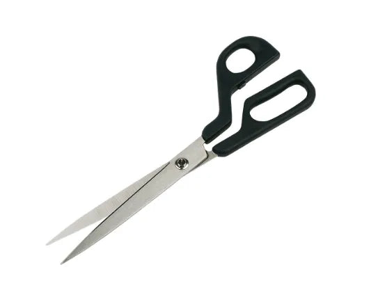 Pair of scissors with black handles on a white background