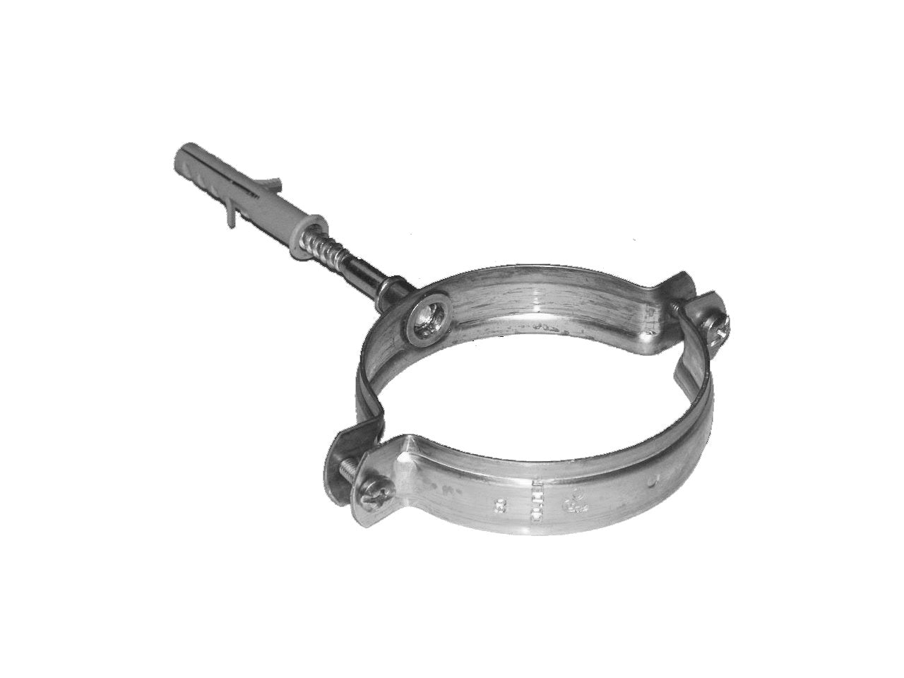 Metal Gutta stainless steel 80mm downpipe clip securing downpipe to a wall.