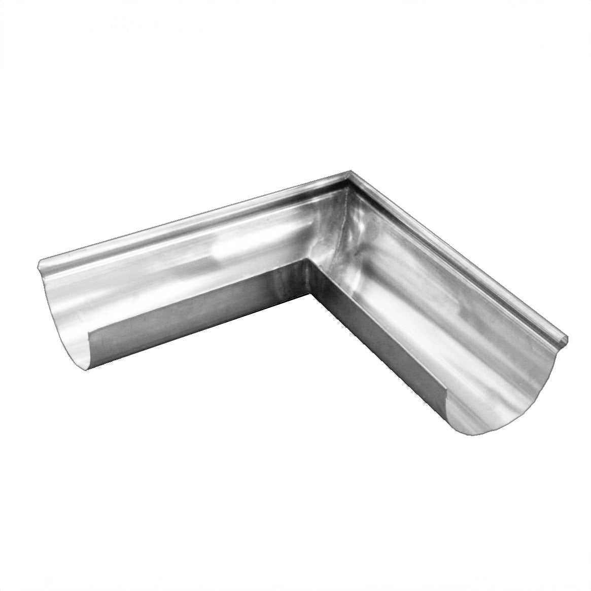Metal Gutta stainless steel 125mm half round 90º external corner gutter guiding rainwater around a corner.